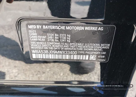 2021 BMW 540I z USA, uszkodzony, nr VIN WBA53BJ09MWX33400